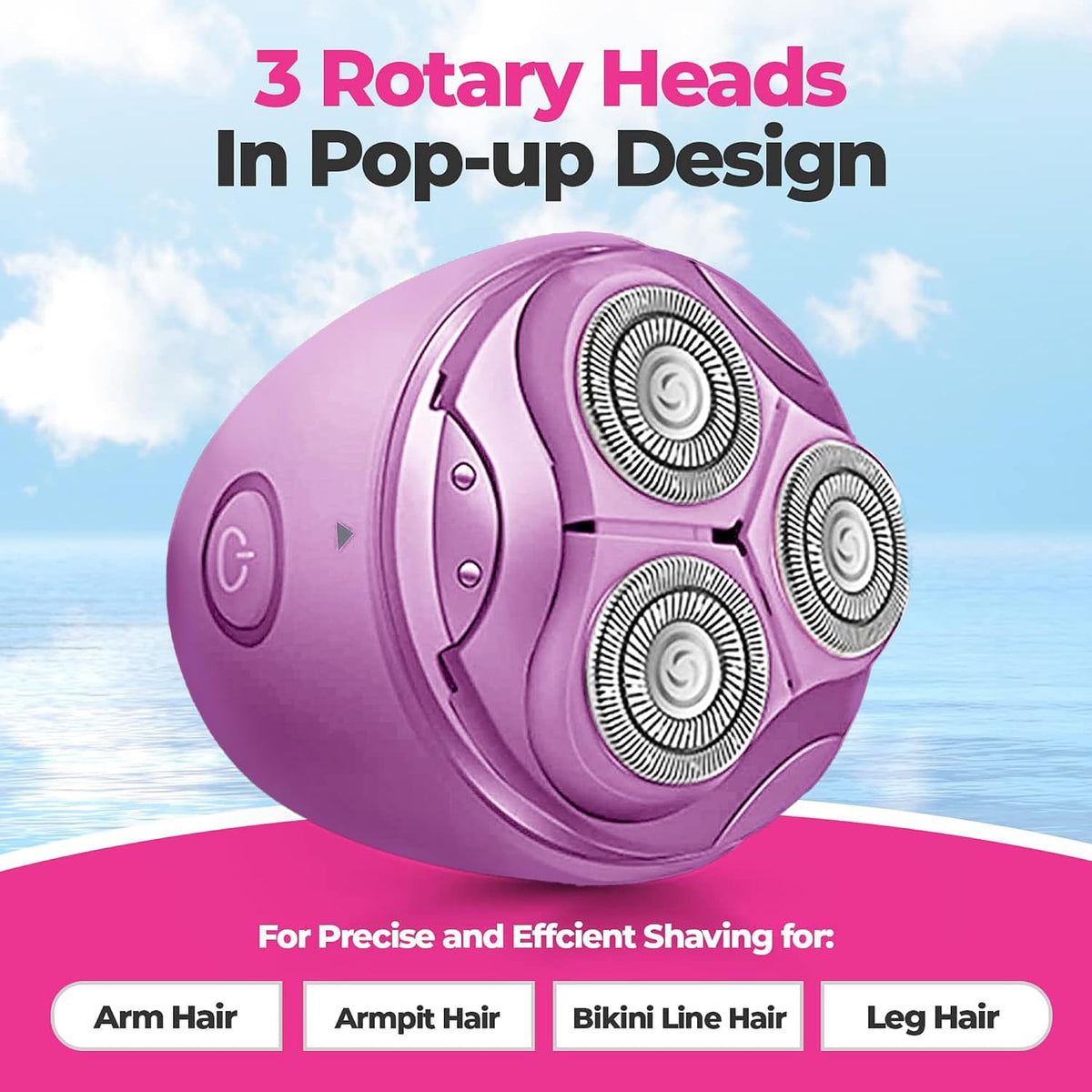 Pop Sonic Moon Shaver – 3-Head Electric Face & Body Shaver – (Lavender) – 3 Floating Rotary Heads Trimmer w/Removable Cap – Titanium Blades & Lithium-ion Battery – Razors for Women & Razors for Men