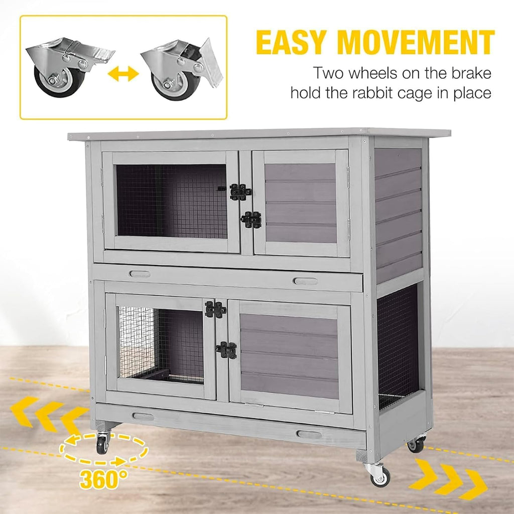 Aivituvin Rabbit Hutch Indoor Bunny Cage Outdoor 2 Story Pet House Guinea Pig Cage on Wheels 36" L