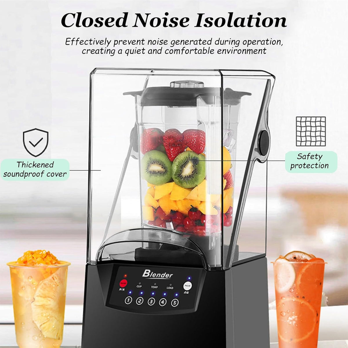 Commercial Blender with Soundproof Shield, 70 Oz Quiet Professional Blenders, Self-Cleaning, Quiet Sound Enclosure, 2200W Professional Blender for Kitchen,110V