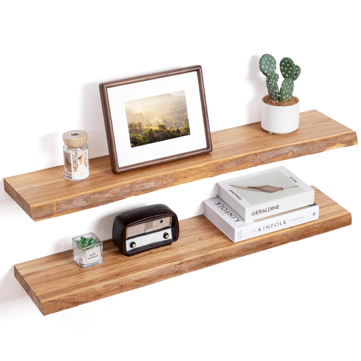 Floating Shelves for Wall, Solid Elm Wood Shelves, 24in Set of 2, Natural