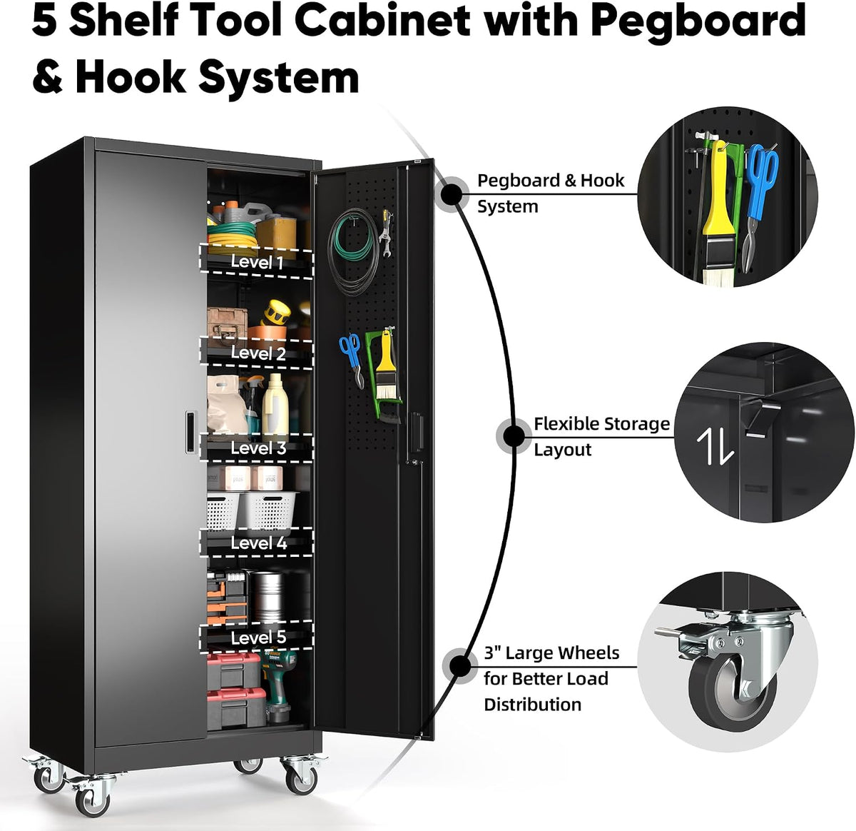 Aobabo 71" Metal Storage Cabinet with Wheels, 5 Shelves & Pegboards, Black