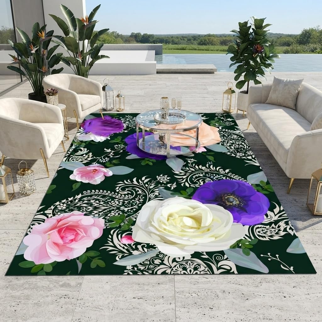 White Pink Beige Gentle Elegant Outdoor Floral Rugs 9x12 Contemporary Aesthetic Texture Thin Non Slip Durable Indoor Outside Carpets for Garden Backyard Balcony Patio Deck Veranda Deck Mats