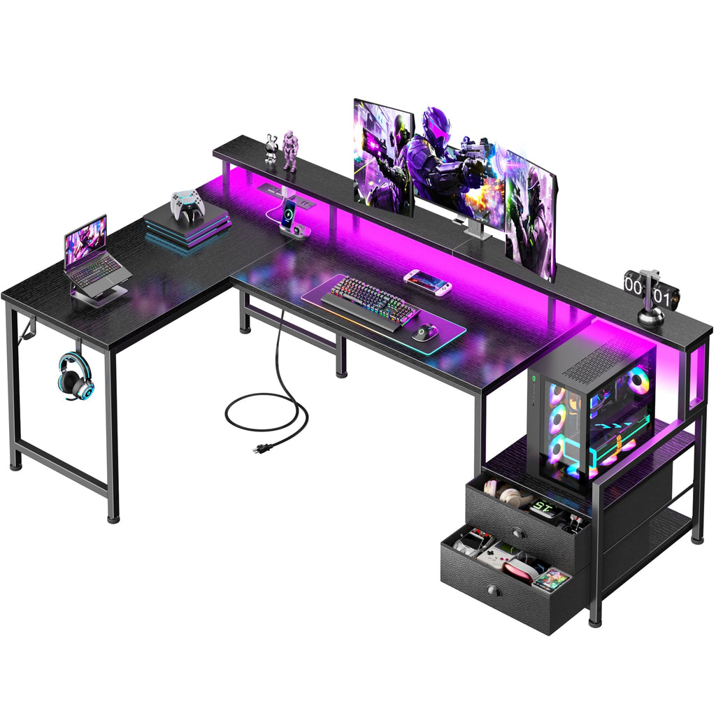 Korfile 66'' L Shaped Gaming Desk with Storage Drawers, Power Outlets, LED