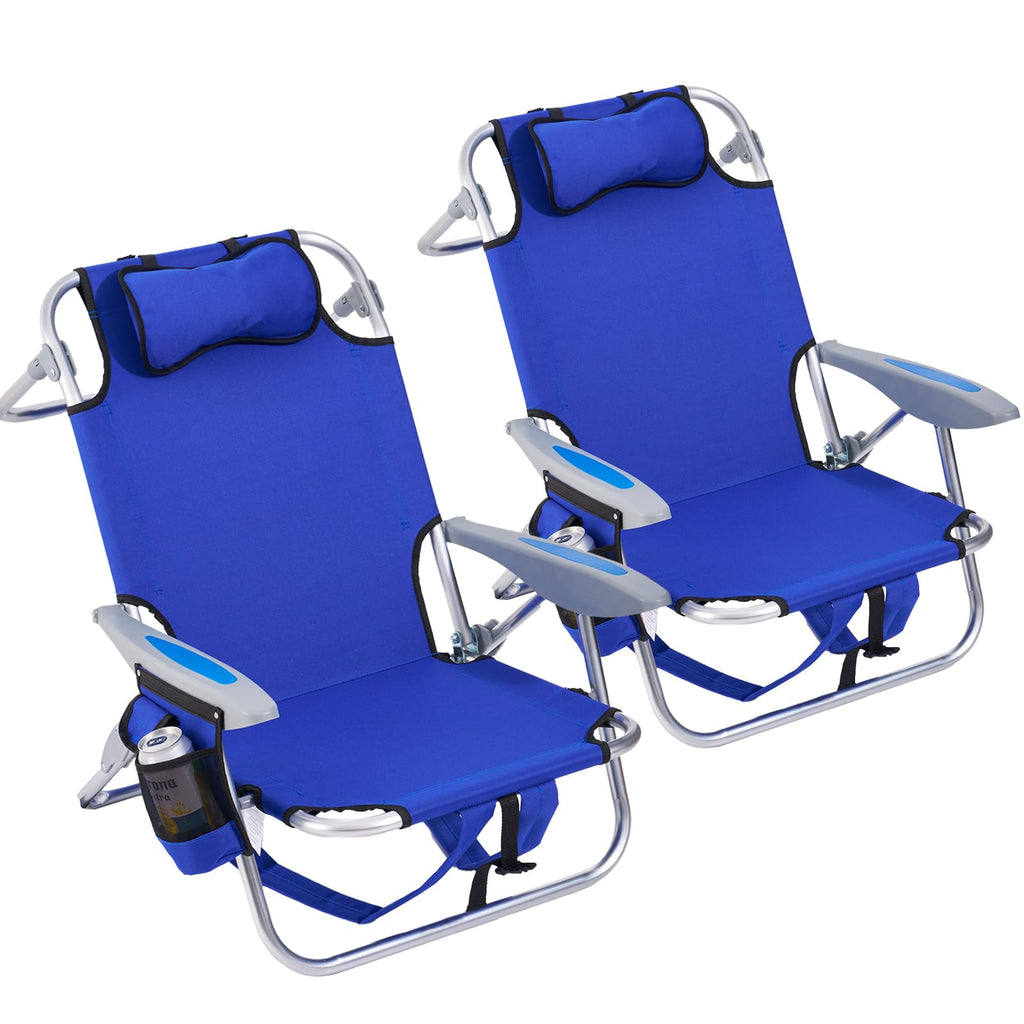 2 Pack Lightweight Portable Camping Beach Chair for Adults, Outdoor Lay Flat Folding Beach Chairs with 5 Positions, Backpack Beach Chair with Towel Bar, Zipper Pouch, Cup Holder, NEW Striped