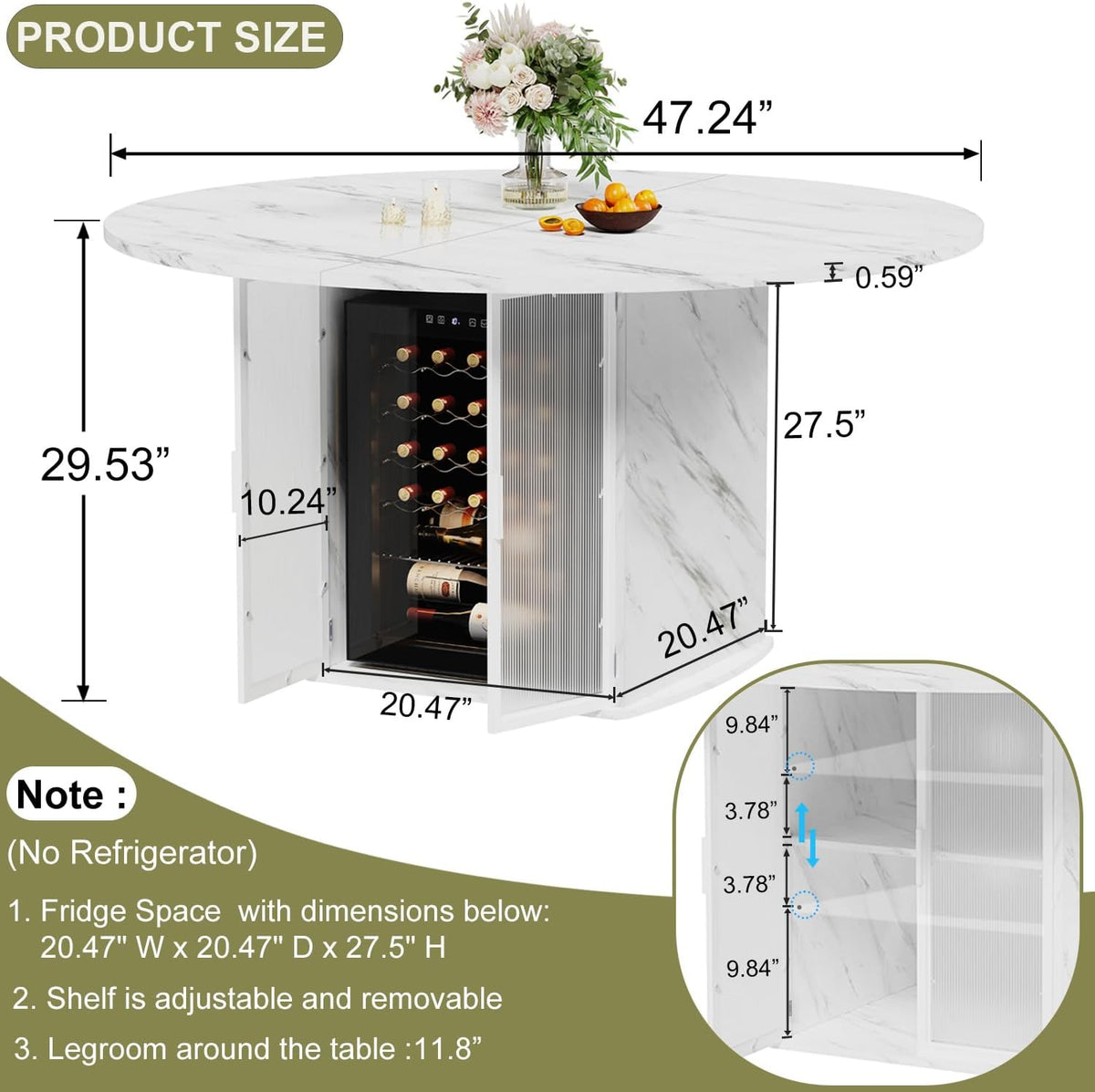 IBF 47" White Faux Marble Round Dining Table with Storage for Dining Room