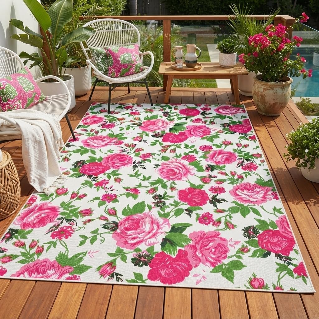 Beautiful Elegant Multicolor Outdoor Rug 7x10 Natural Floral Butterfly Texture Waterproof Thin No Shedding Easy Care Outside Rugs for Patios Deck Pool Garden Balcony Backyard Beach Floor Mat