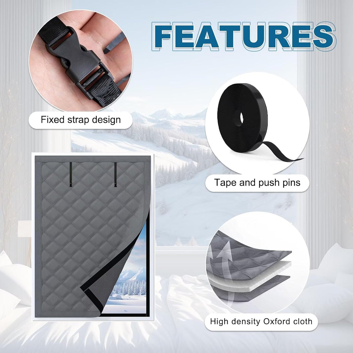 Winter Insulation Window Coverings - Size 49×69" - Oxford Cloth Winter Curtain Set - Freeze Proof Soundproofing Blackout with Tape - No Drilling Required - Gray