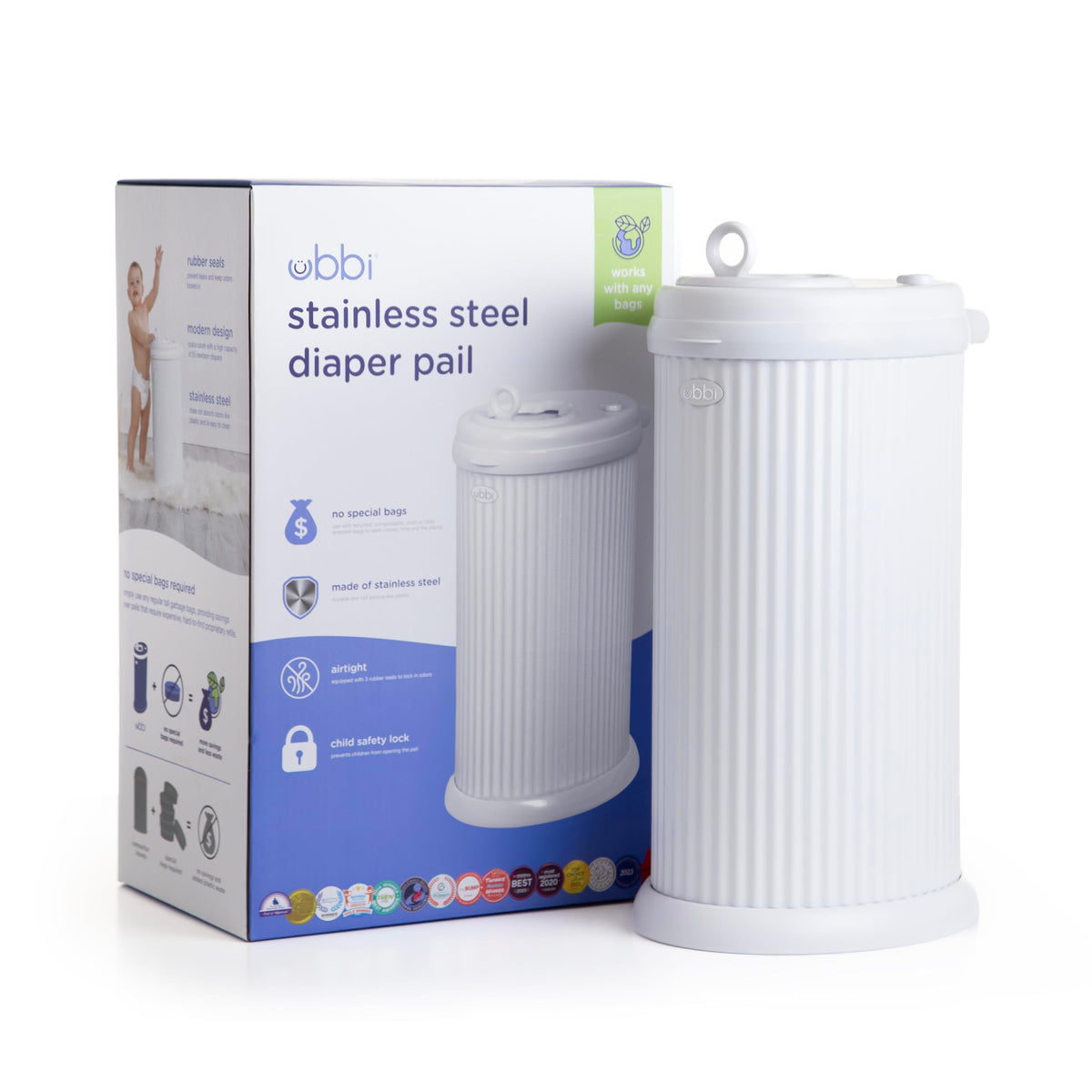 Ubbi Stainless Steel Diaper Pail, No Special Bags, Odor-Locking, Taupe