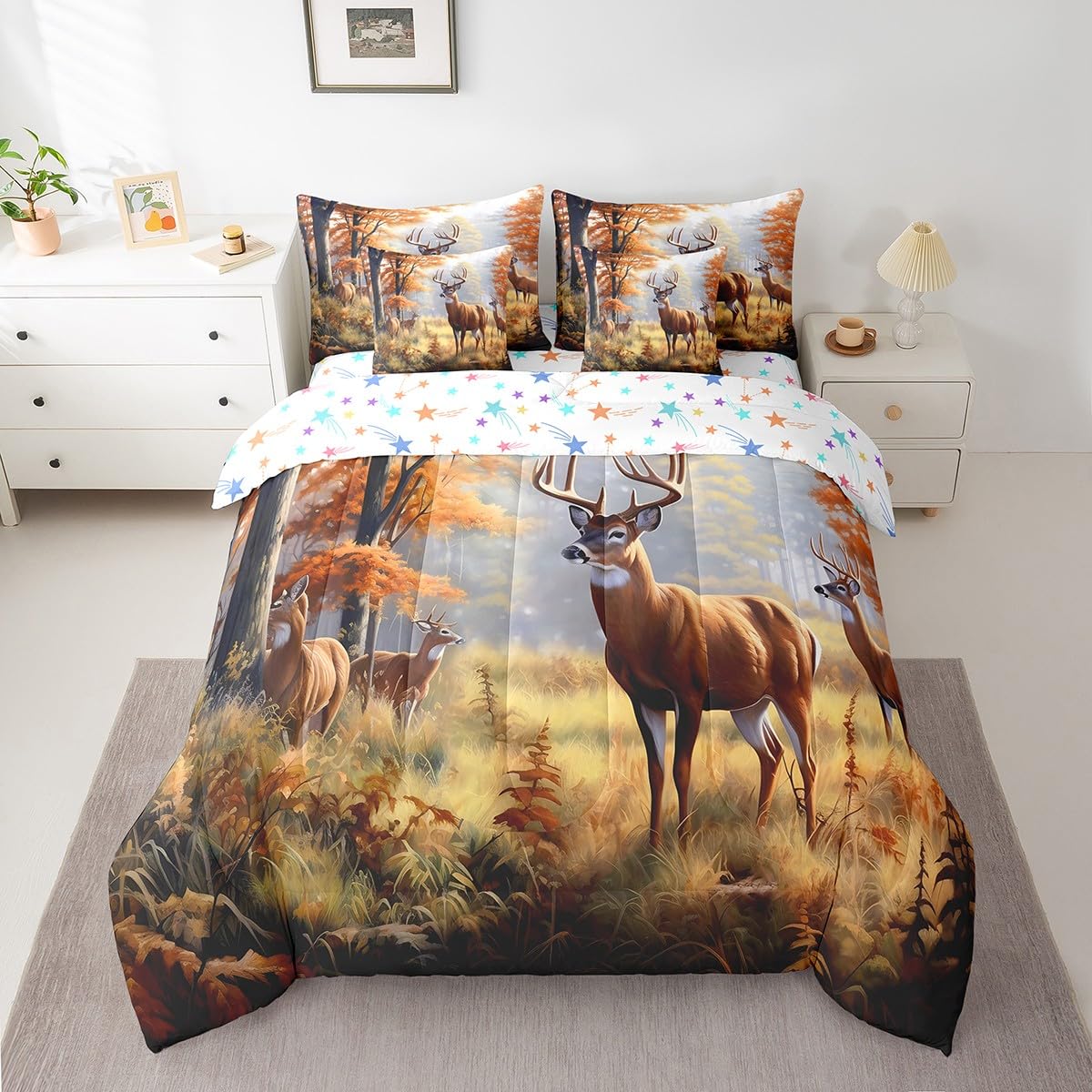 Feelyou Deer Comforter Set with Sheets King Size 7 piece Kids Rustic Deer Hunting Bedding Set Cabin Lodge Deer Bed in a Bag Farmhouse Nature Wildlife Antlers Brown Bed Set