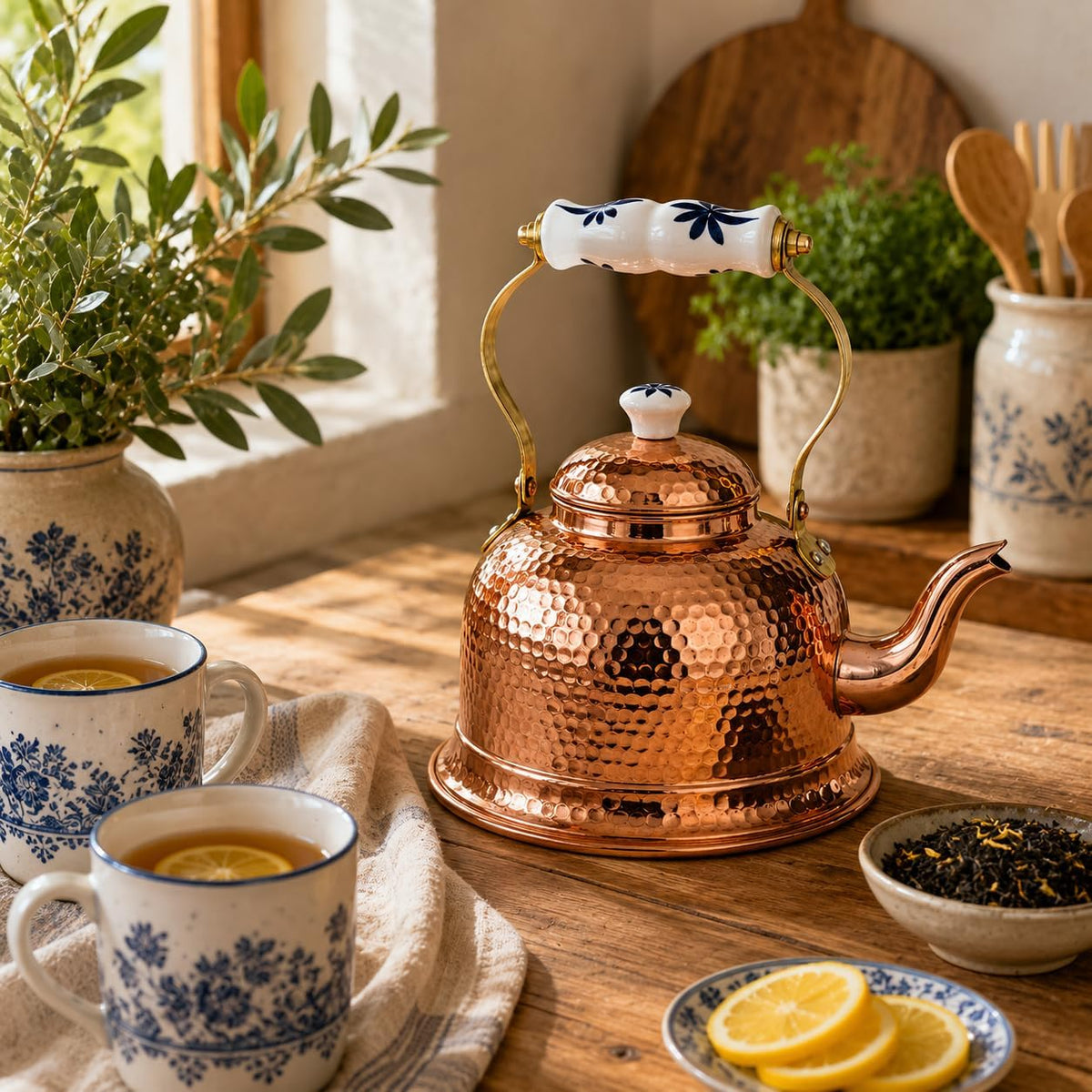 Handcrafted Portuguese Hammered Copper Tea Kettle with Tin-Lined Interior, Ceramic Floral Handle & Lid, 54 oz., Made in Portugal, Traditional Copper Teapot for Tea, Hot Water & Kitchen Display