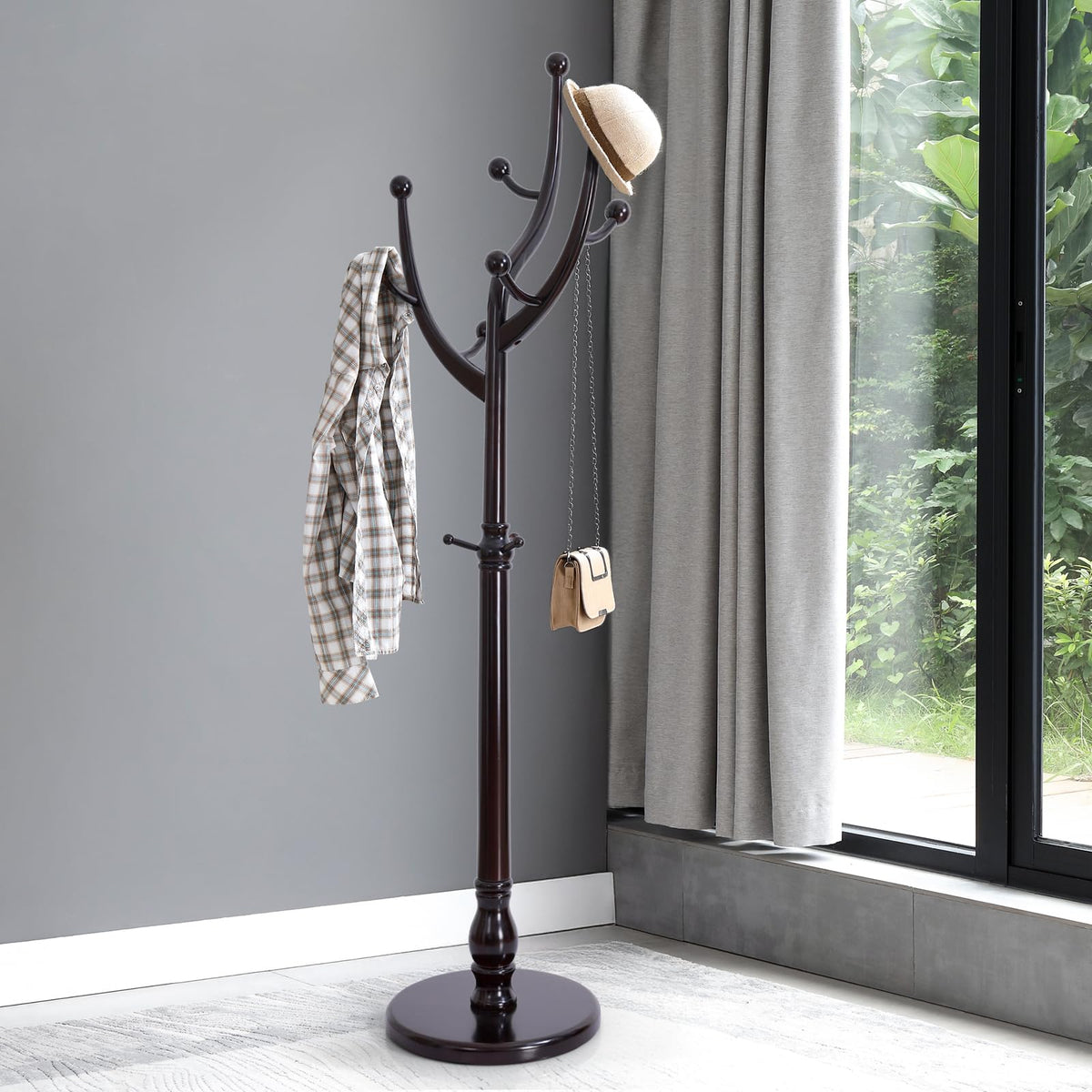 Bekrvio Coat Rack Freestanding Wood Coat Tree Rack with 8 Hooks, Walnut