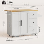 GRUSIGN 49.6" Kitchen Island on Wheels with Storage-Multifunctional Kitchen Island Cart with Drop Leaf, Rolling Island with Spice/Towel Rack,Expandable Island Table Kitchen,White