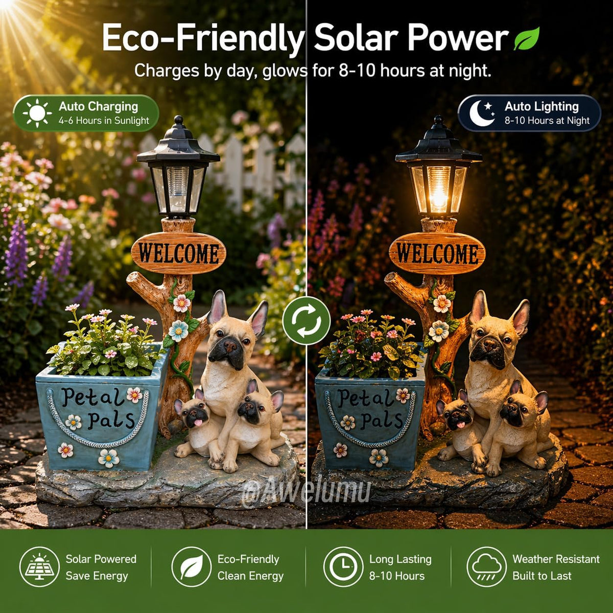 Solar French Bulldog Statue with Welcome Sign & Lantern, 3 Dogs Garden Figurine Planter Pot, Realistic Outdoor LED Light for Porch, Yard Art & Lawn Decor, Unique Gift for Dog Lovers