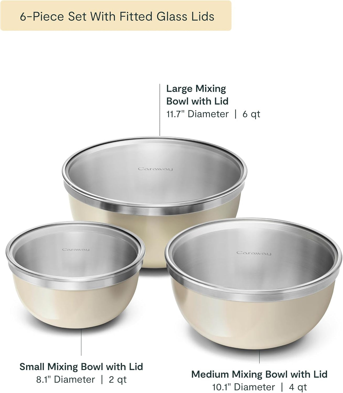Caraway 6-Piece Stainless Steel Mixing Bowl Set with Glass Lids