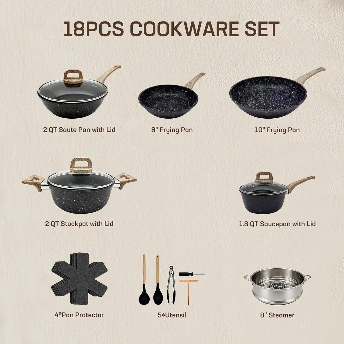 18Pcs Nonstick Cookware Set With Handles, Black Sauce Pots Pans Set,Includes Steamer Silicone Kitchenware, Pan Protectors,Frying Egg Pans，For Induction Cooktops，Easy Clean（Black Sleek Style）