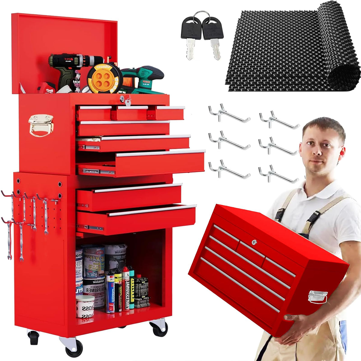 5-Drawer Rolling Tool Chest with Detachable Tool Box, Lockable Wheels, 4 Hooks, and Liner, Heavy-Duty Metal Tool Cart for Garage and Workshop Storage, Blue