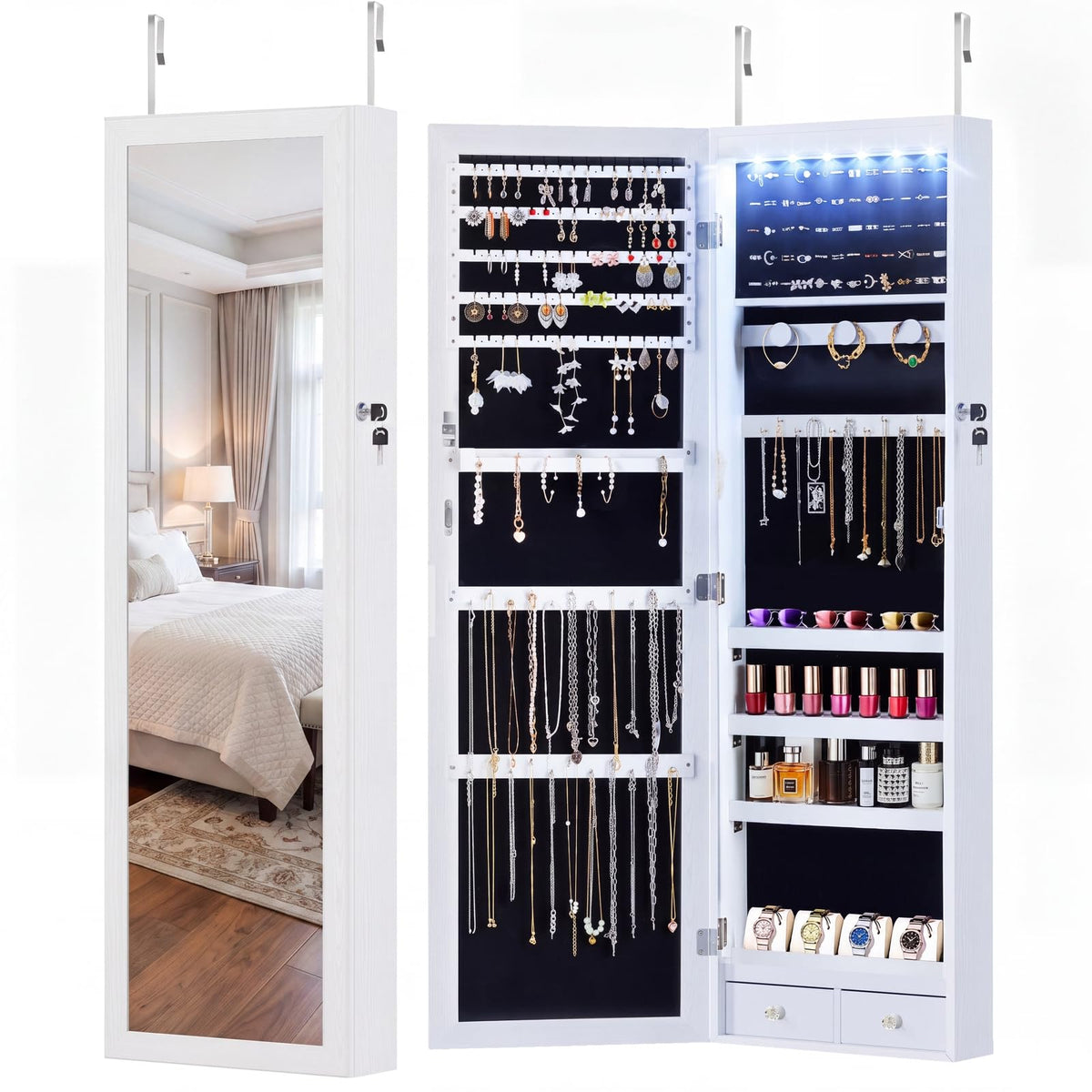 DUMOS 6 LEDs Mirror Jewelry Cabinet, Wall or Door Mounted Jewelry Organizer, 47.2-Inch Tall Lockable Large Capacity Cosmetic Storage, Gift Idea, White