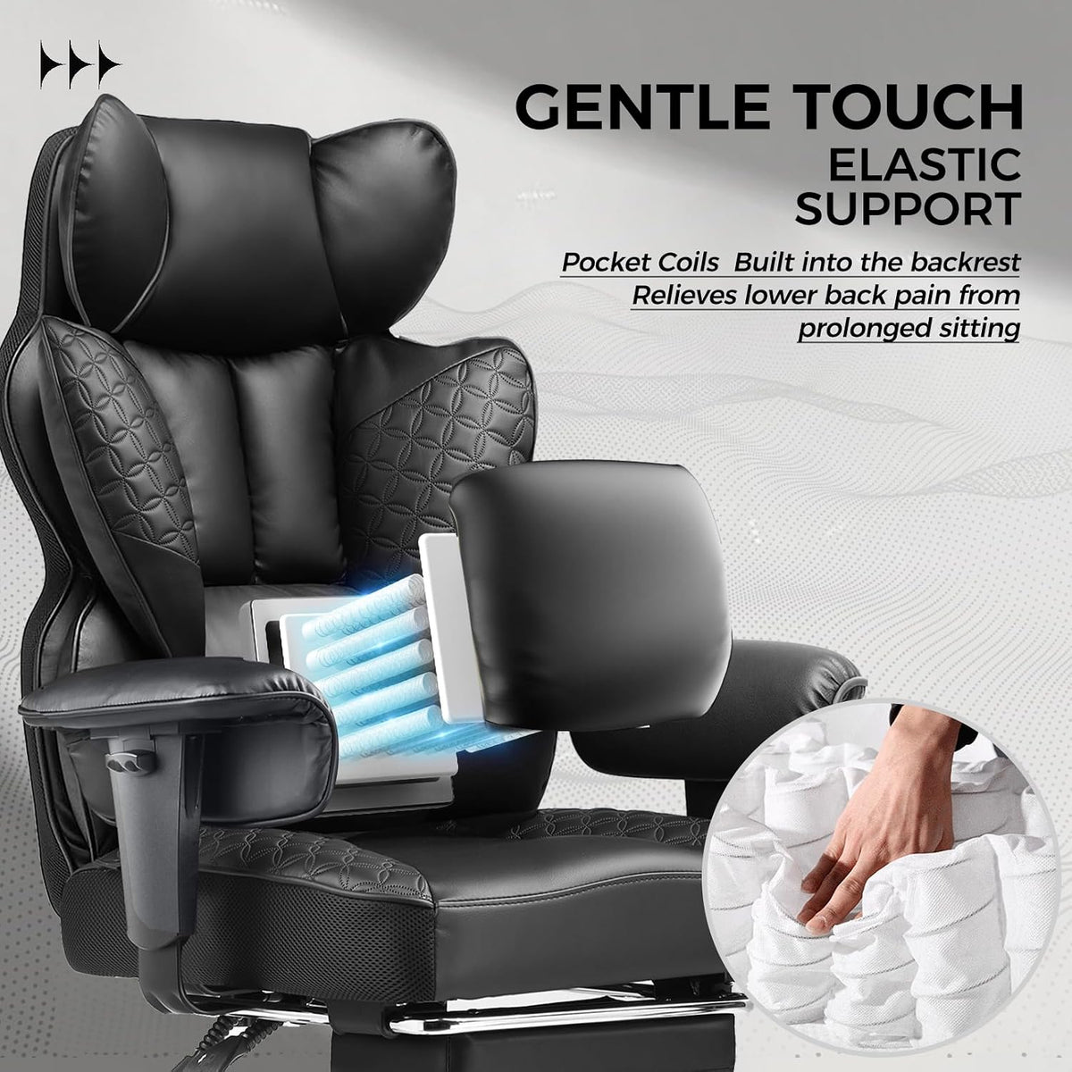 COMHOMA Big and Tall Office Chair Heavy Duty Wide Ergonomic Gaming Chair with Deluxe Embossing Designed Leather with Foot Rest, 145°Reclining Adjustable Armrests Pocket Spring Back Support and Pillow