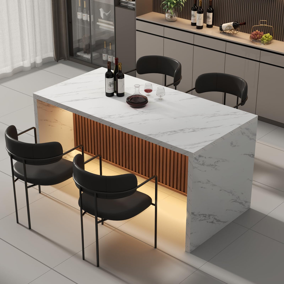63" Large Imitation Marble Dining Table for 4-6 People, with LED Lights