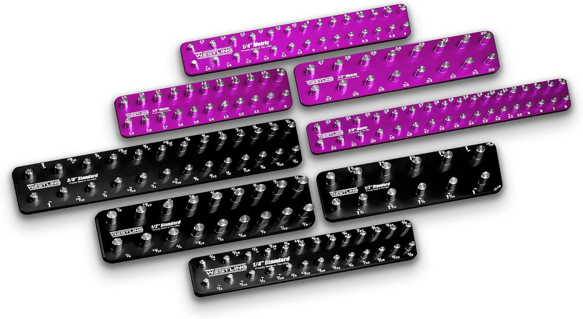 Westling USA Premium Aluminum Starter 8 Piece Socket Tray/Organizer Set, Holds 152 Standard and Metric Sockets (Black/Purple, 2 Row)