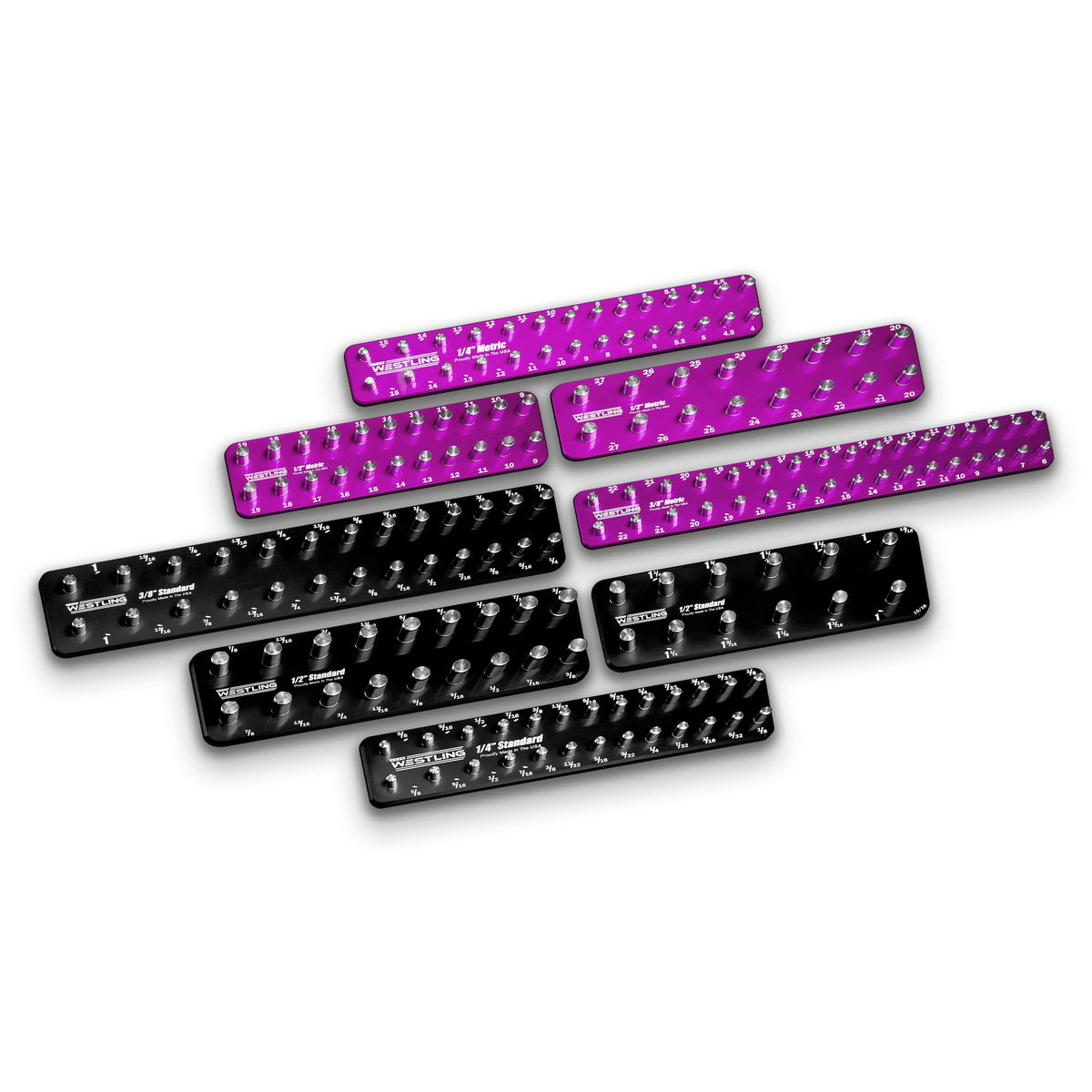 Westling USA Premium Aluminum Professional 8 Piece Socket Tray/Organizer Set, Holds 273 Standard and Metric Sockets (Red/Purple, 3 Row)