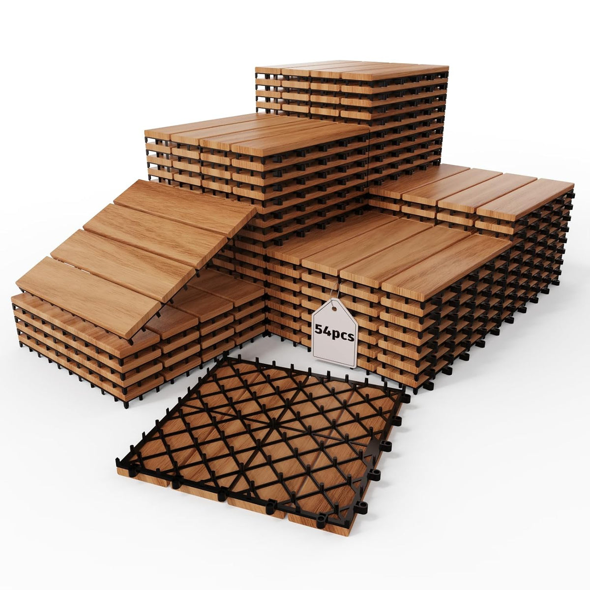 54 PCS Acacia Wood Interlocking Deck Tiles - 12"x12" All Weather Waterproof, Indoor Outdoor Patio Flooring for Balcony, Backyard, Poolside