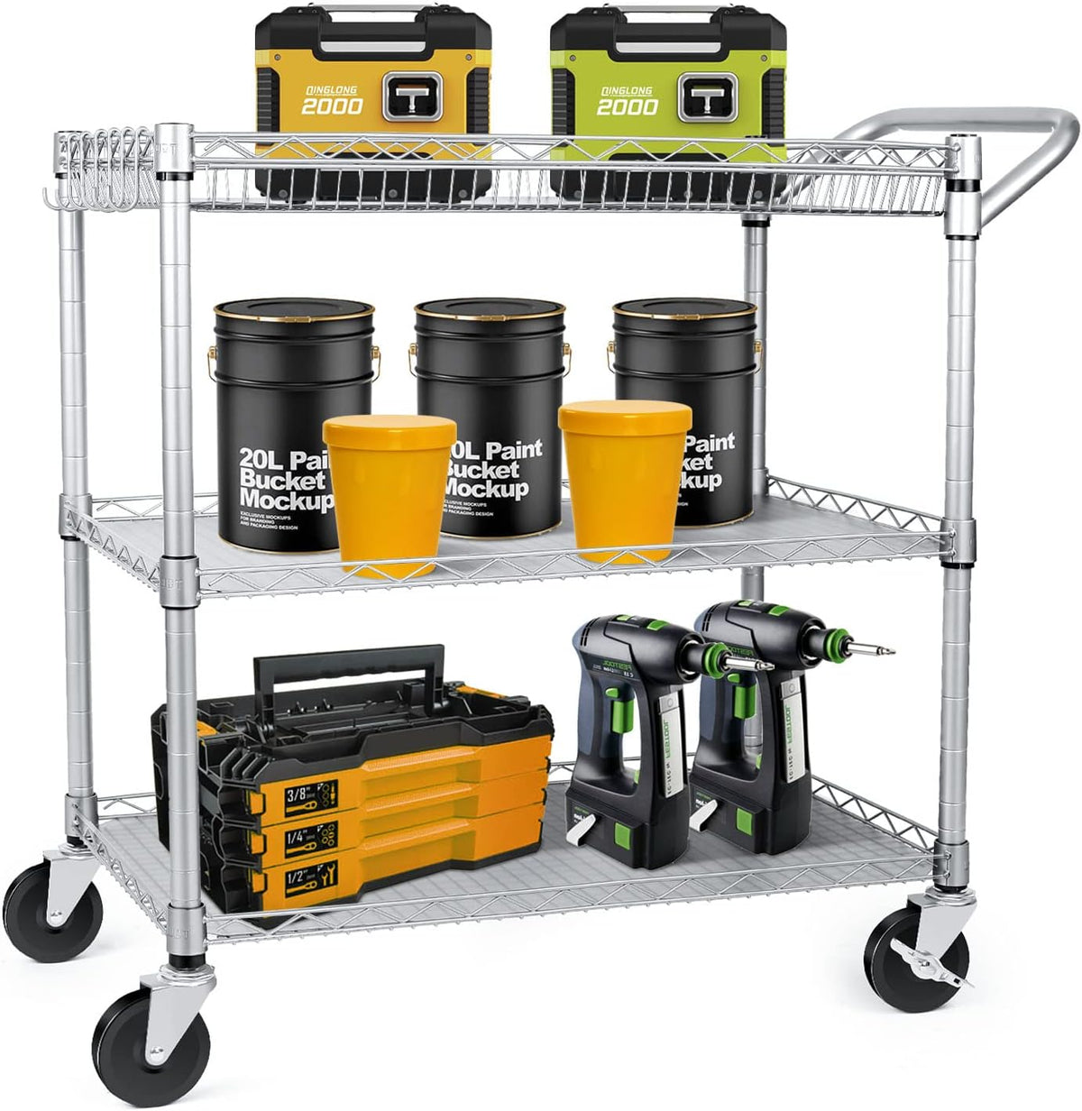 WDT 990Lbs Capacity Heavy Duty Rolling Utility Cart, NSF Rolling Carts with Wheels,Commercial Grade Metal Cart with Handle Bar & Shelf Liner,Trolley Serving Cart for Restaurant,Kitchen,Gray