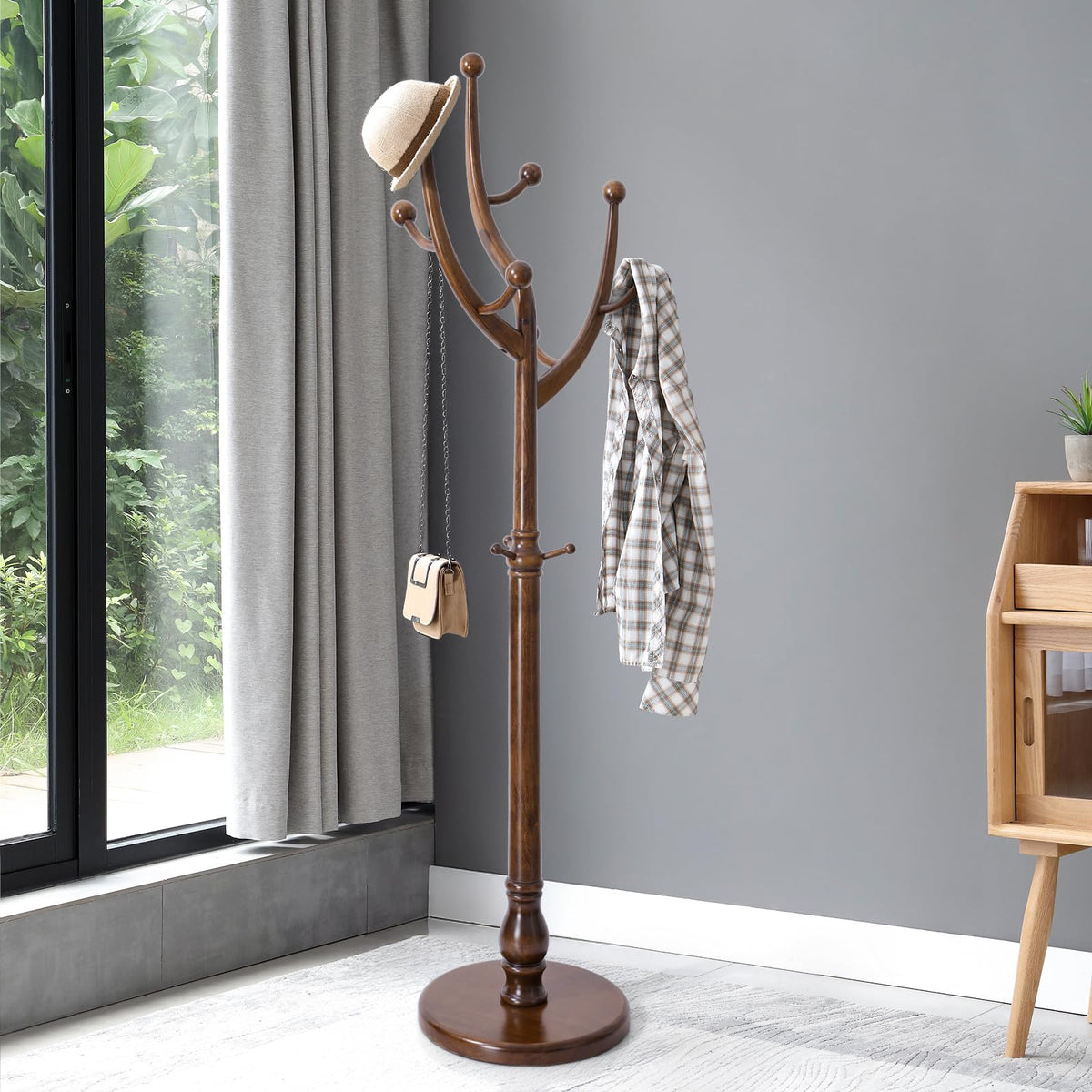 Bekrvio Coat Rack Freestanding Wood Coat Tree Rack with 8 Hooks, Walnut