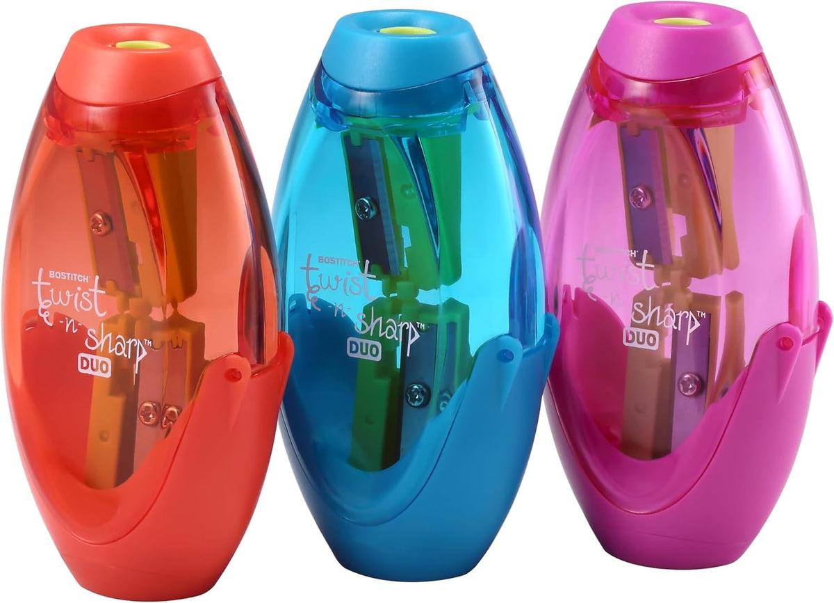 Bostitch Manual Pencil Sharpener | Double Hole | Tip Saver Technology | With Shavings Drawer | Assorted Colors, Pack of 36