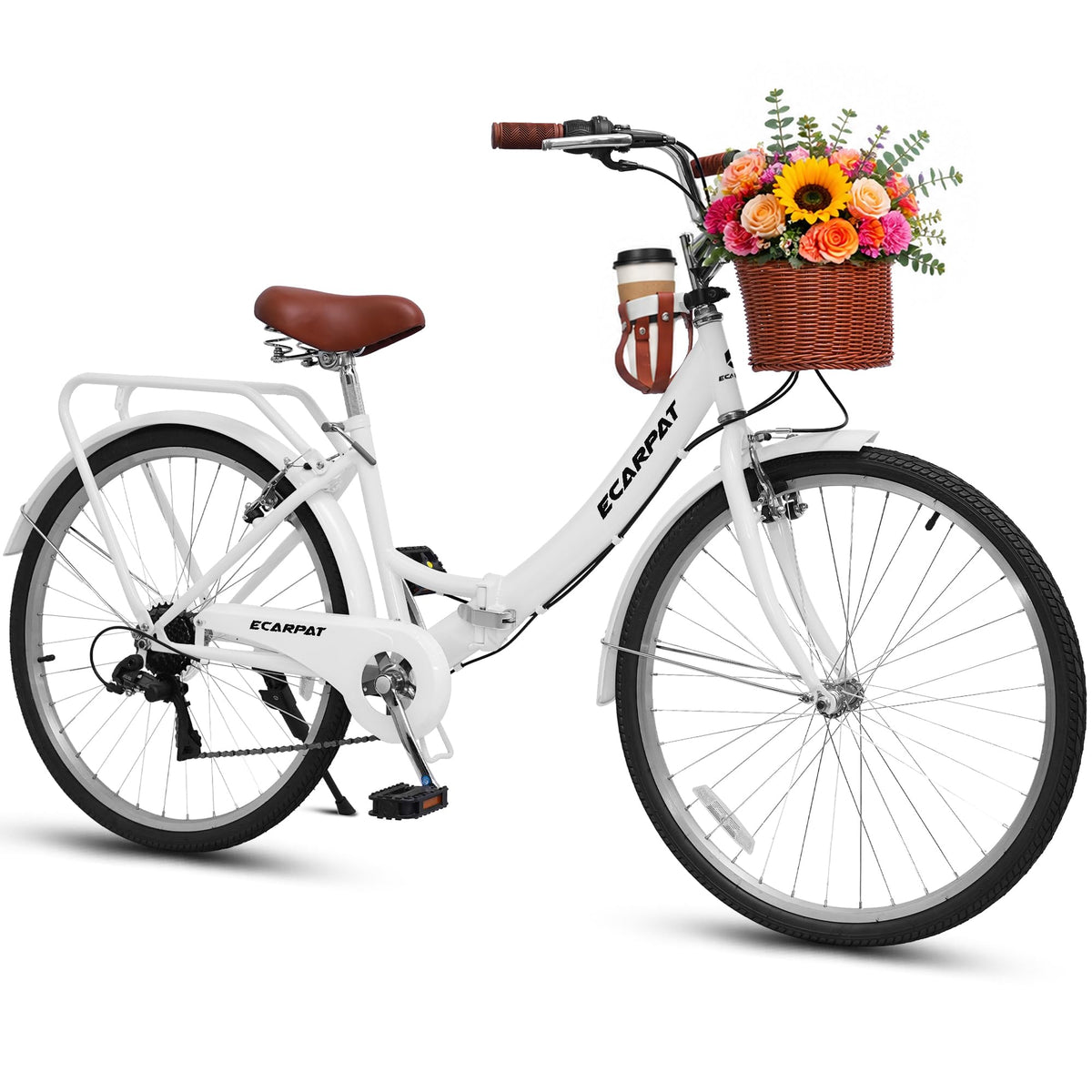 Ecarpat 26 Inch Folding Beach Cruiser Bike for Women, 7 Speed Comfortable City Bike with Rear Rack, Cup Holder and Basket, Steel Frame Commuter Foldable Bicycle with Dual V-Brakes for Adults