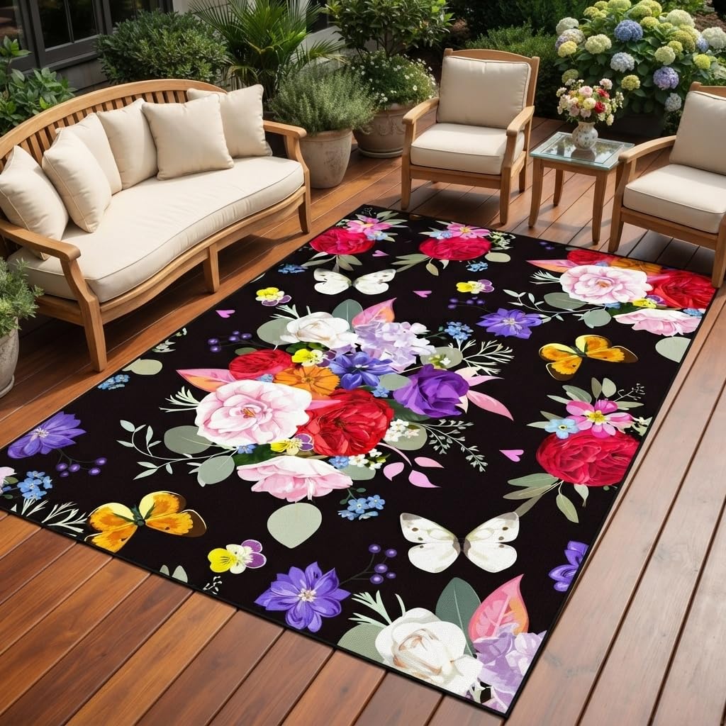 Beautiful Elegant Multicolor Outdoor Rug 7x10 Natural Floral Butterfly Texture Waterproof Thin No Shedding Easy Care Outside Rugs for Patios Deck Pool Garden Balcony Backyard Beach Floor Mat