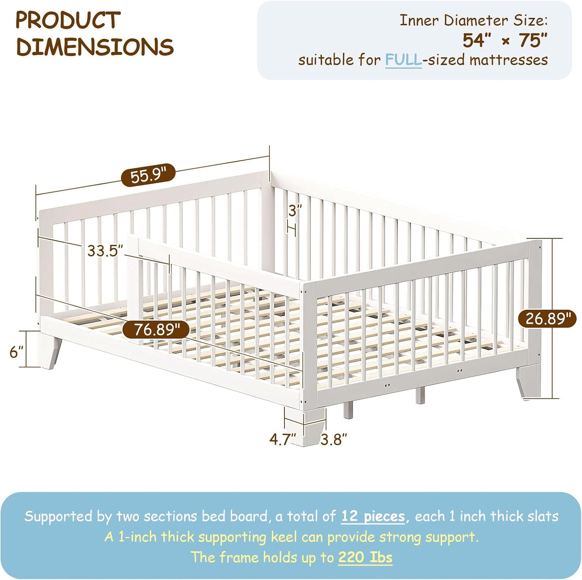 EXPERLAM Full Montessori Floor Bed for Kids, Removable Rails, White