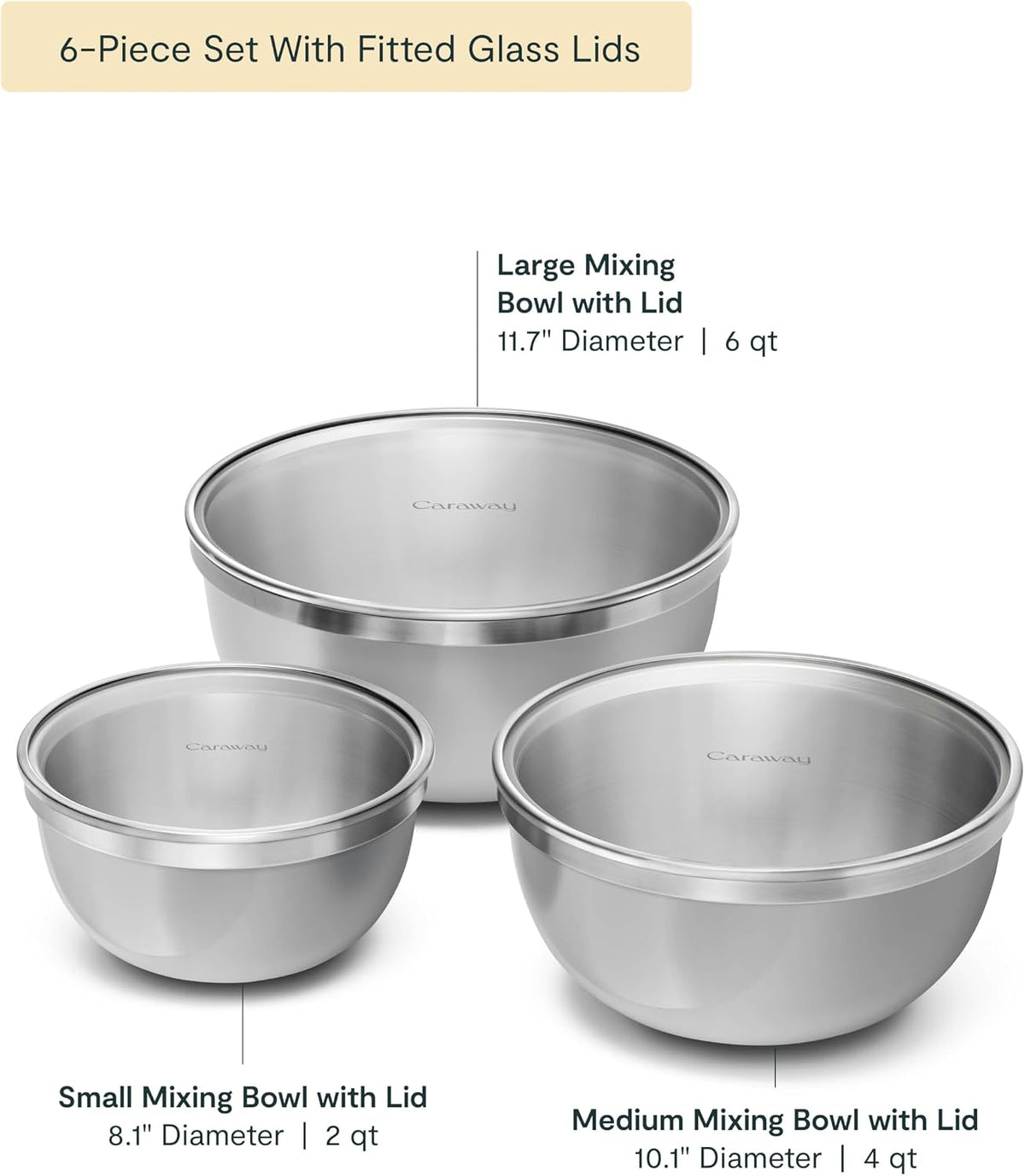 Caraway 6-Piece Stainless Steel Mixing Bowl Set with Glass Lids