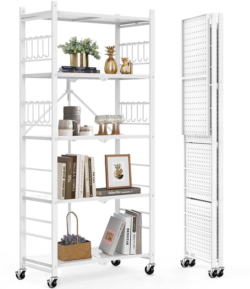 Himix 5-Tier Foldable Storage Shelves with 20 Hooks Wheels Kitchen Black