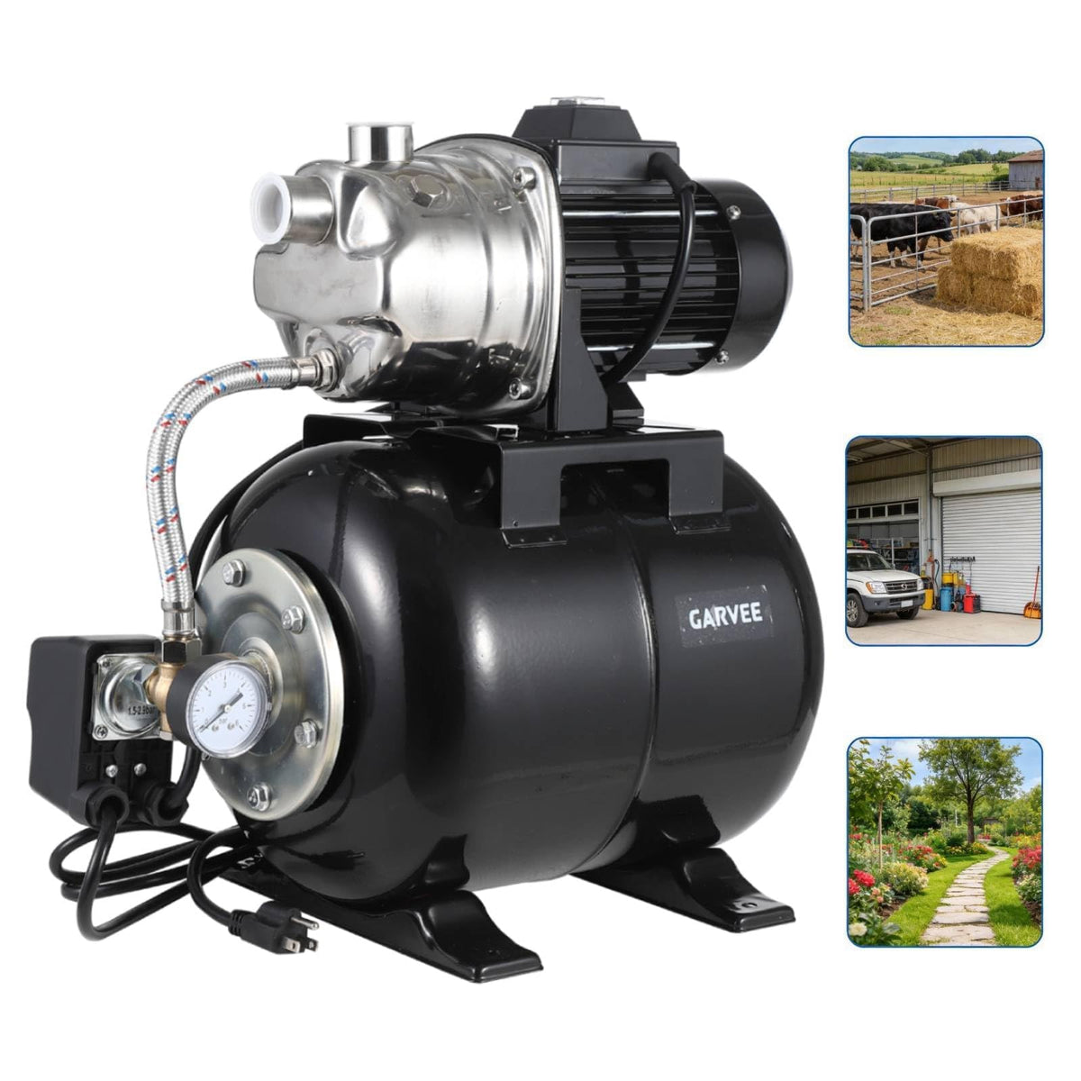 1HP Stainless Steel Water Transfer Pump with Well Pressure Tank – Shallow Well Pump & Irrigation Pump Combo, 130ft Max Lift, 20ft Suction Lift, Automatic Pressure Switch for Farm Use