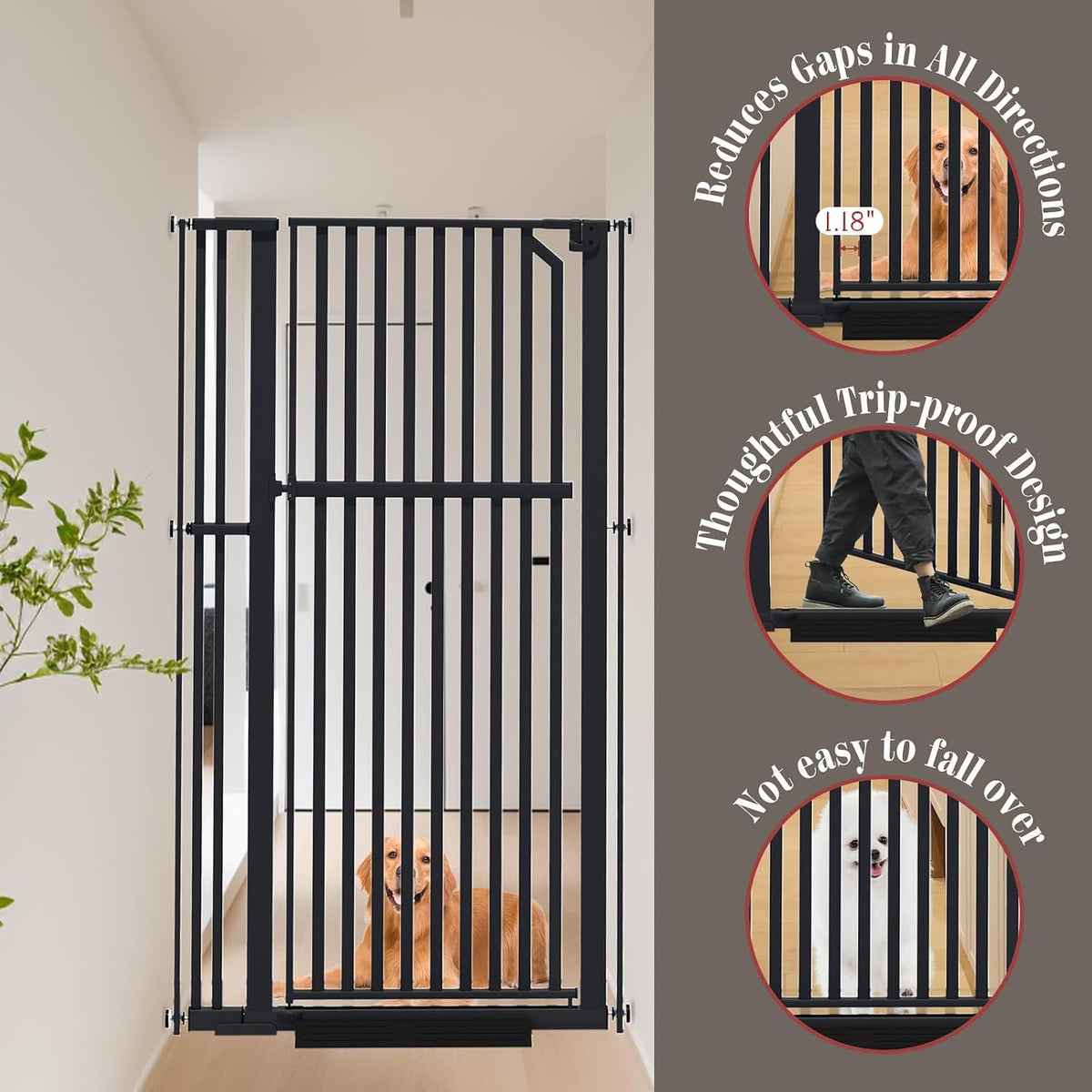 Glaf Extra Tall Pet Gate 63" Pressure Mounted Cat Door Safety Metal Cat Gate Adjustable Width Dog Door Auto-Close Dog Gates for Doorways, Stairs, Kitchen, Hallway (Black, 33.86-37.4")