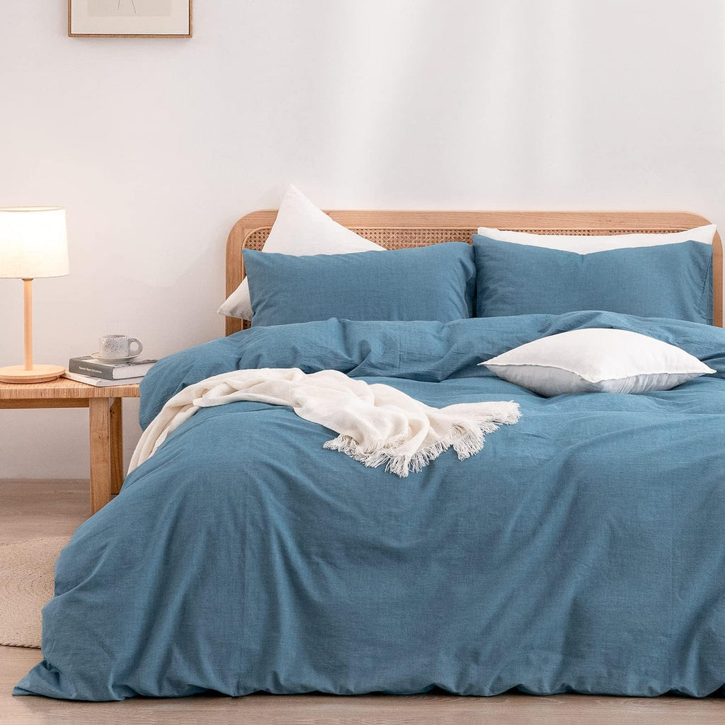 BESTOUCH Cotton Solid Duvet Cover Set Linen Feel Cornflower Blue Queen