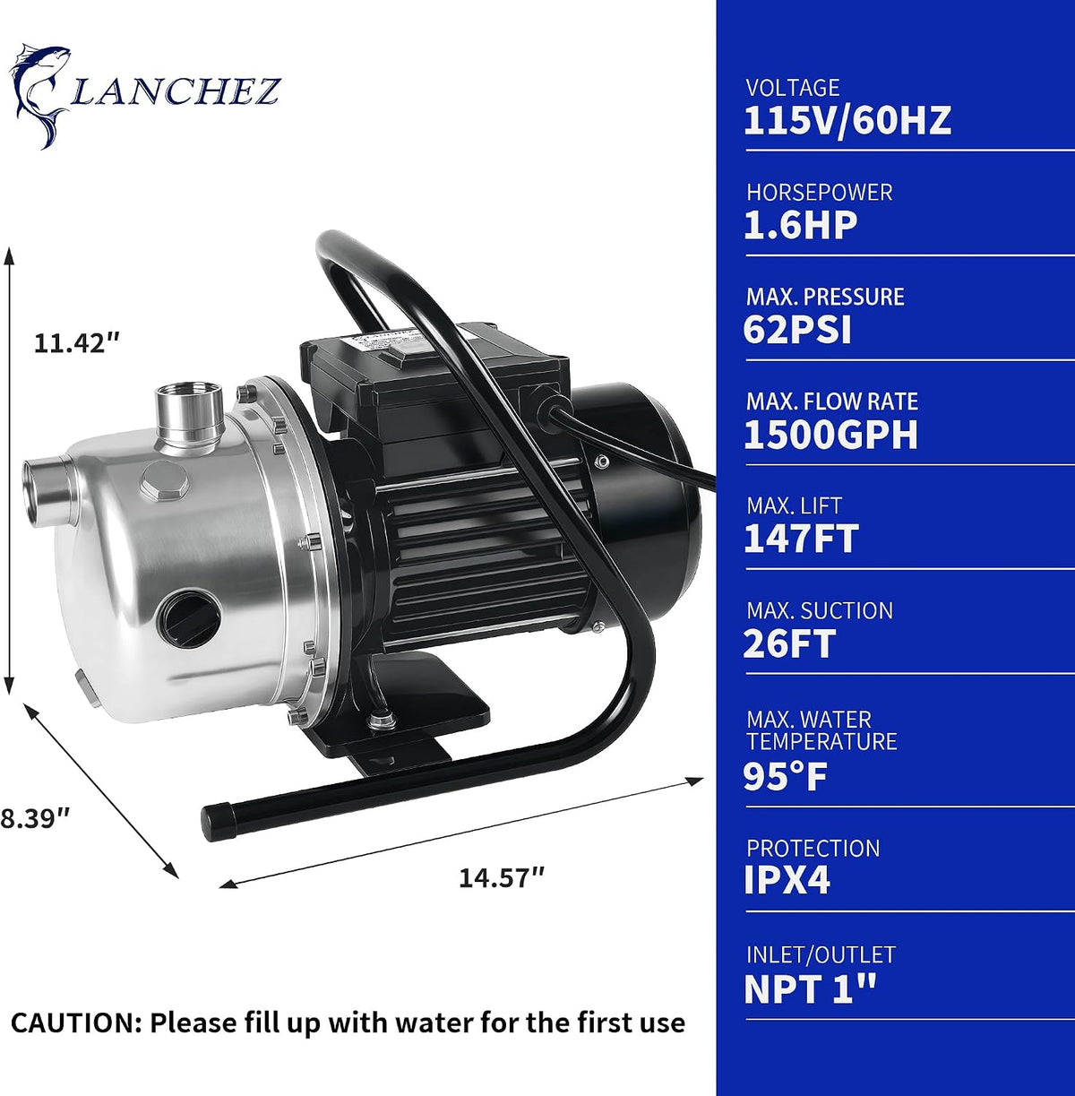 LANCHEZ 1.6 HP Shallow Well Pump, 1500 GPH Stainless Steel Water Transfer Pump, 115V Garden Irrigation Pump, Water Booster Jet Pump for Home Garden Lawn Farm, Silver