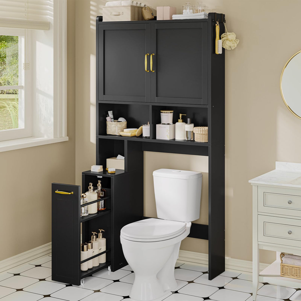 UPOSOJA Over The Toilet Storage Cabinet with Pulley Small Bathroom Storage Cabinet, Space Saver W/Adjustable Shelf & Open Shelf for Bathroom, Restroom, Laundry (White)