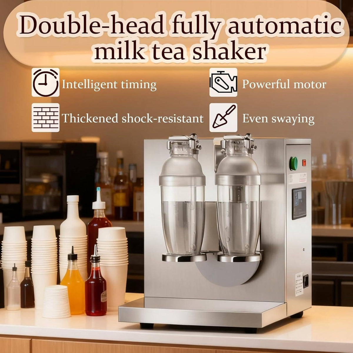 120W Electric Milk Tea Shaker, Double-Head Shaker Machine for Milk Tea & Cocktails, 360° Stainless Steel Automatic Shaker with 1-120s Timer, Fits 350-1000ml Cups (400 RPM), Ideal for Boba, Bartending