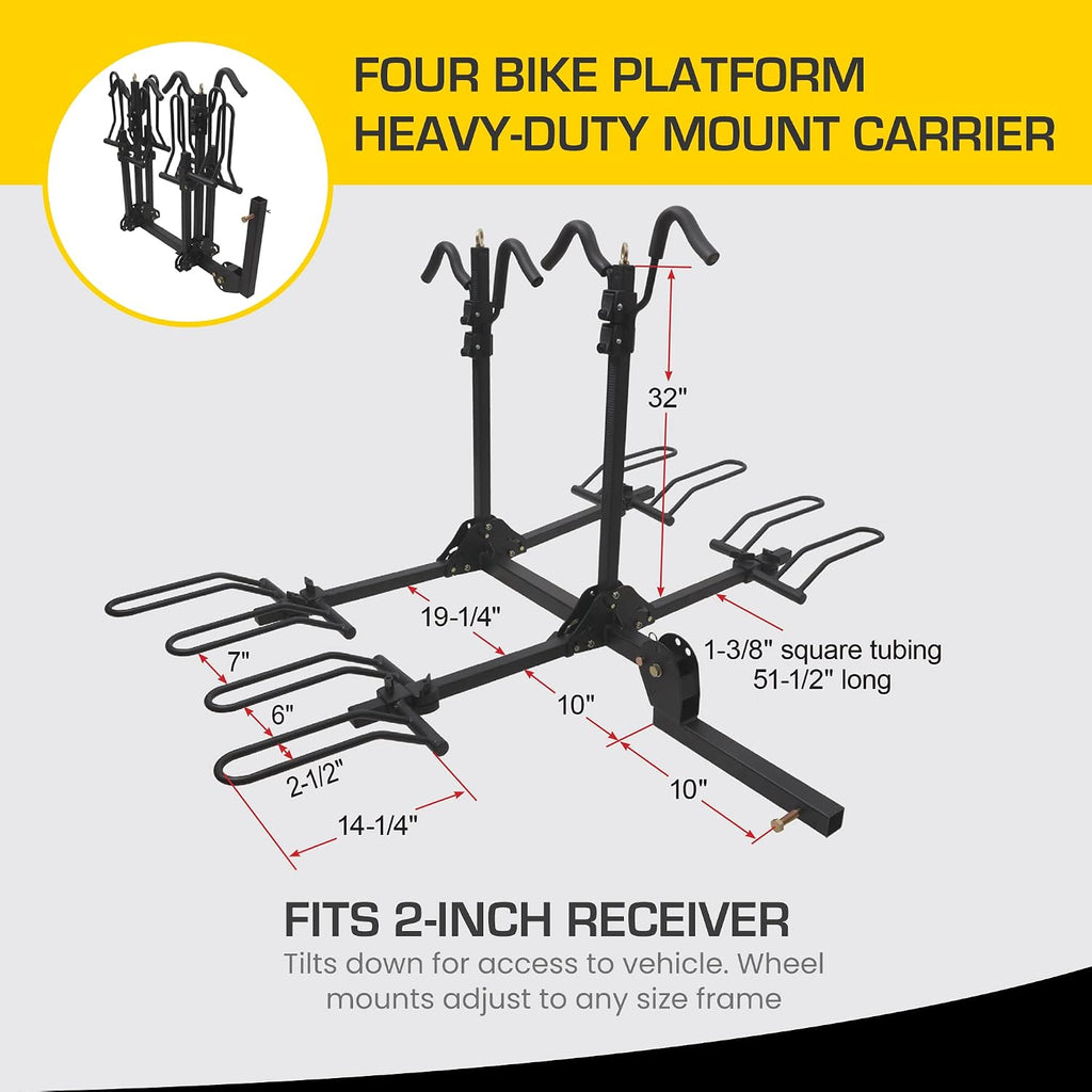 Stromberg Carlson BC-204HD Heavy Duty Platform Mount Bike Rack – Folding Hitch Carrier for 4 Bikes, Fits 2" Hitch Receiver, Durable Transport Solution, Compatible with Cars, SUVs, Truck and Trailer