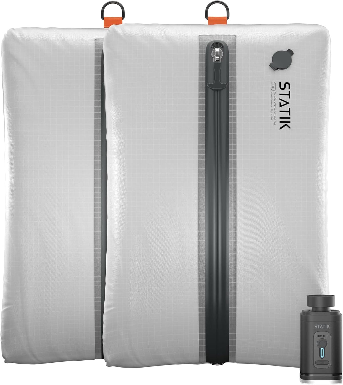 STATIK NanoPack Travel Kit - Vacuum Compression Packing Bags, Rechargeable Pump, 3x Space-Saving Luggage Bags, Water & Odor Proof, Dual-Mode Air Pump for Air Mattresses & Pool Floats - 2 Bags + Pump