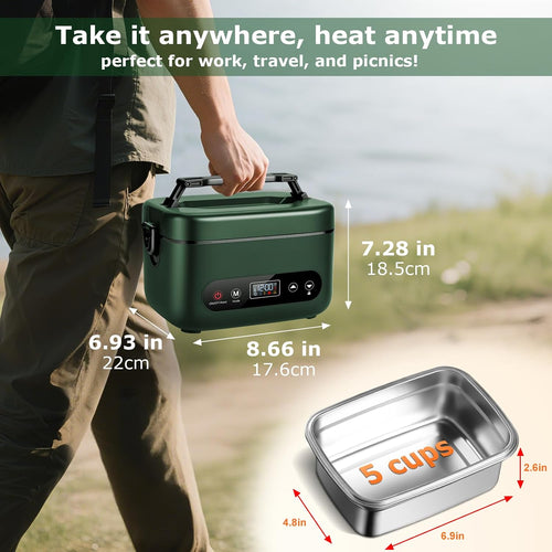 1.2L Cordless Electric Lunch Box – 20000mAh Rechargeable Portable Food Warmer with 5-Sided Heating, Auto Temperature Control, Leakproof & BPA-Free – Perfect for Office, Truck, Outdoors Green