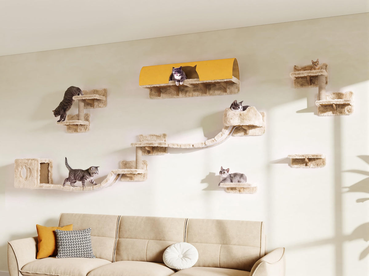 13-in-1 Cat Wall Shelves, Moon & Bridge Cat Wall Furniture, Beige