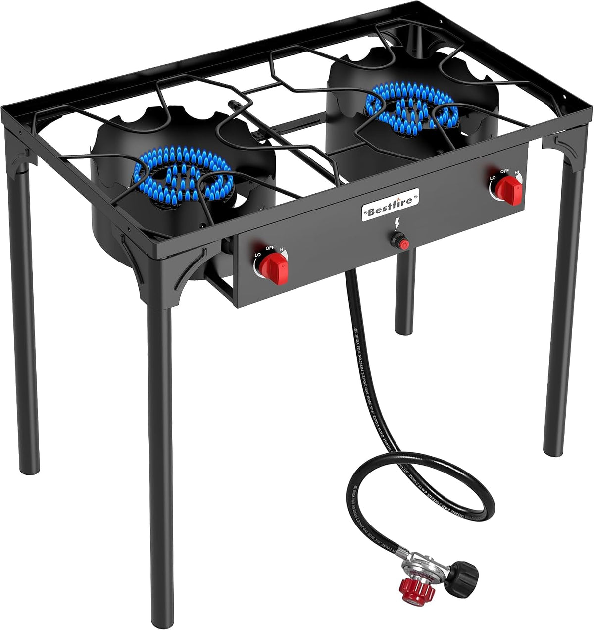 BESTFIRE 2 Burner Camping Stove,150,000 BTU High Pressure Outdoor Propane,4ft 20 PSI Adjustable Regulator Hose With Removable Legs for Backyard Cooking Camping Home