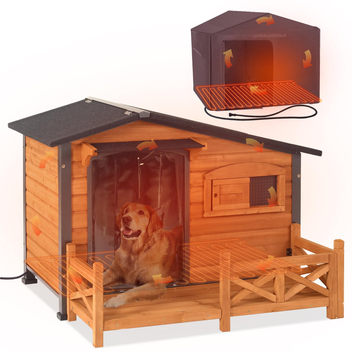 GUTINNEEN Heated Dog House Outdoor Insulated Dog House Weatherproof Dog Kennel with Thermostat-Controlled Heating Pad, 6-Sided Thermal Liner, Chew-Proof Metal Frame for Dogs