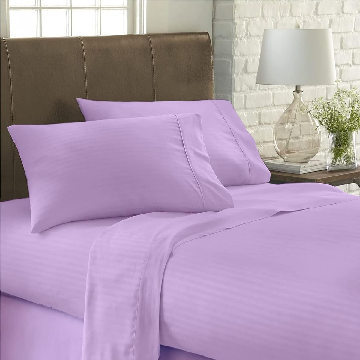 USA Short Queen Sheet Set in Lilac Stripe 400 Thread-Count 100% Egyptian Long Staple Cotton, Sateen Weave for Soft and Silky Feel, Breathable 4-Piece Bedsheet, Elasticized 24'' Extra Deep Pocket