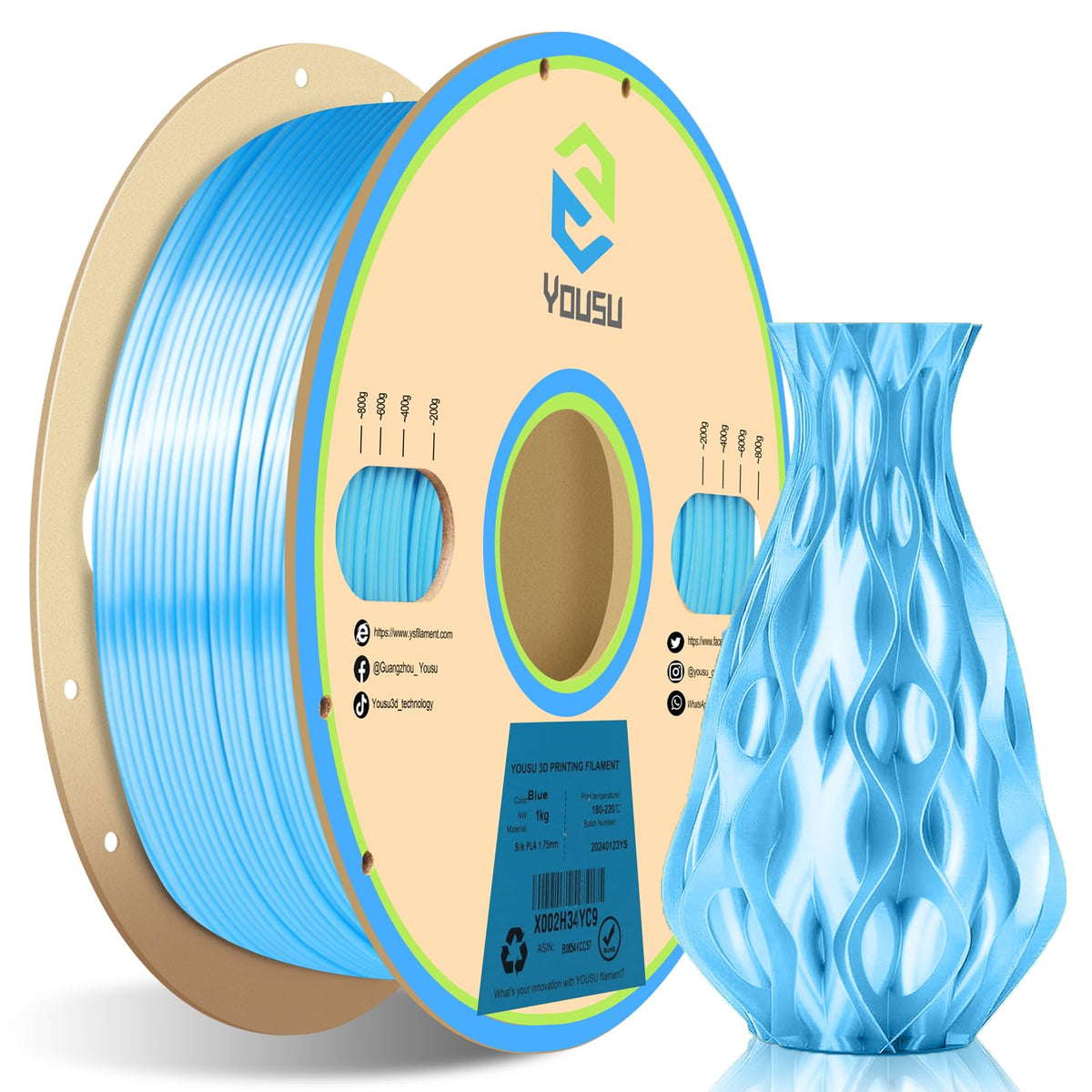 YOUSU 3D Printer Filament Silk PLA Filament Rainbow Color,1.75mm Tri Color PLA Filament 6kg Pack,1kg Spool.