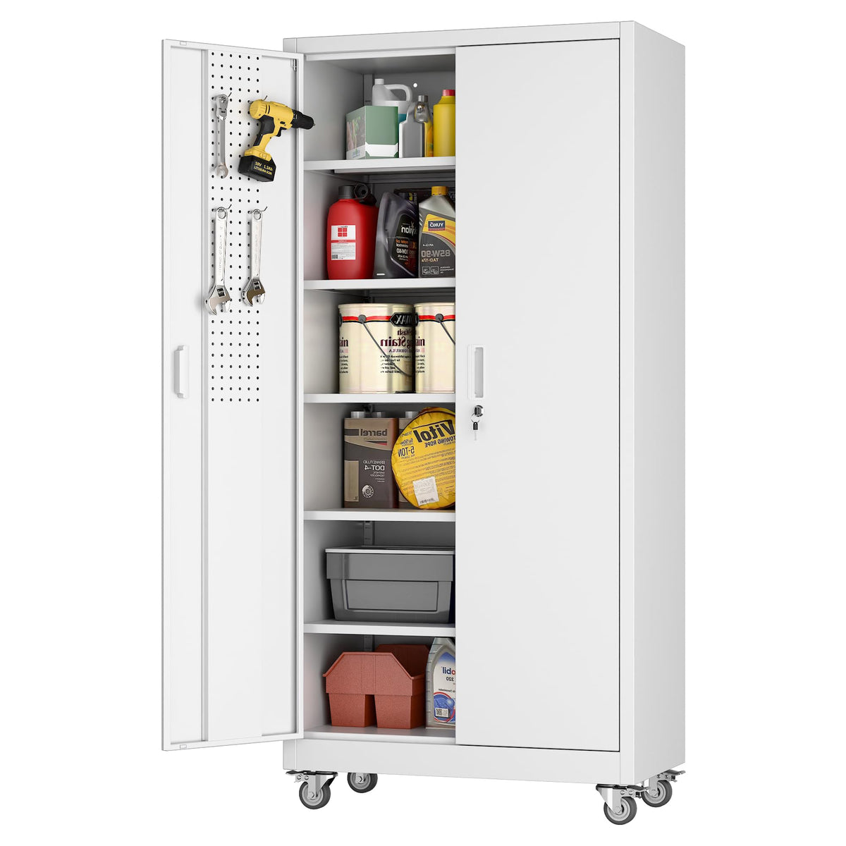 Aobabo 71" Metal Storage Cabinet with Wheels, 5 Shelves & Pegboards, Black