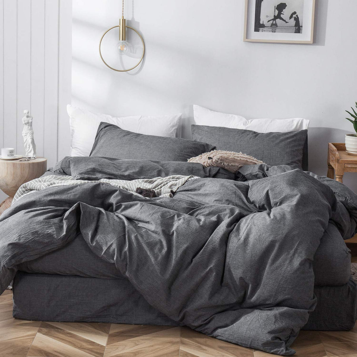 MooMee Duvet Cover Set 100% Washed Cotton Linen Like King